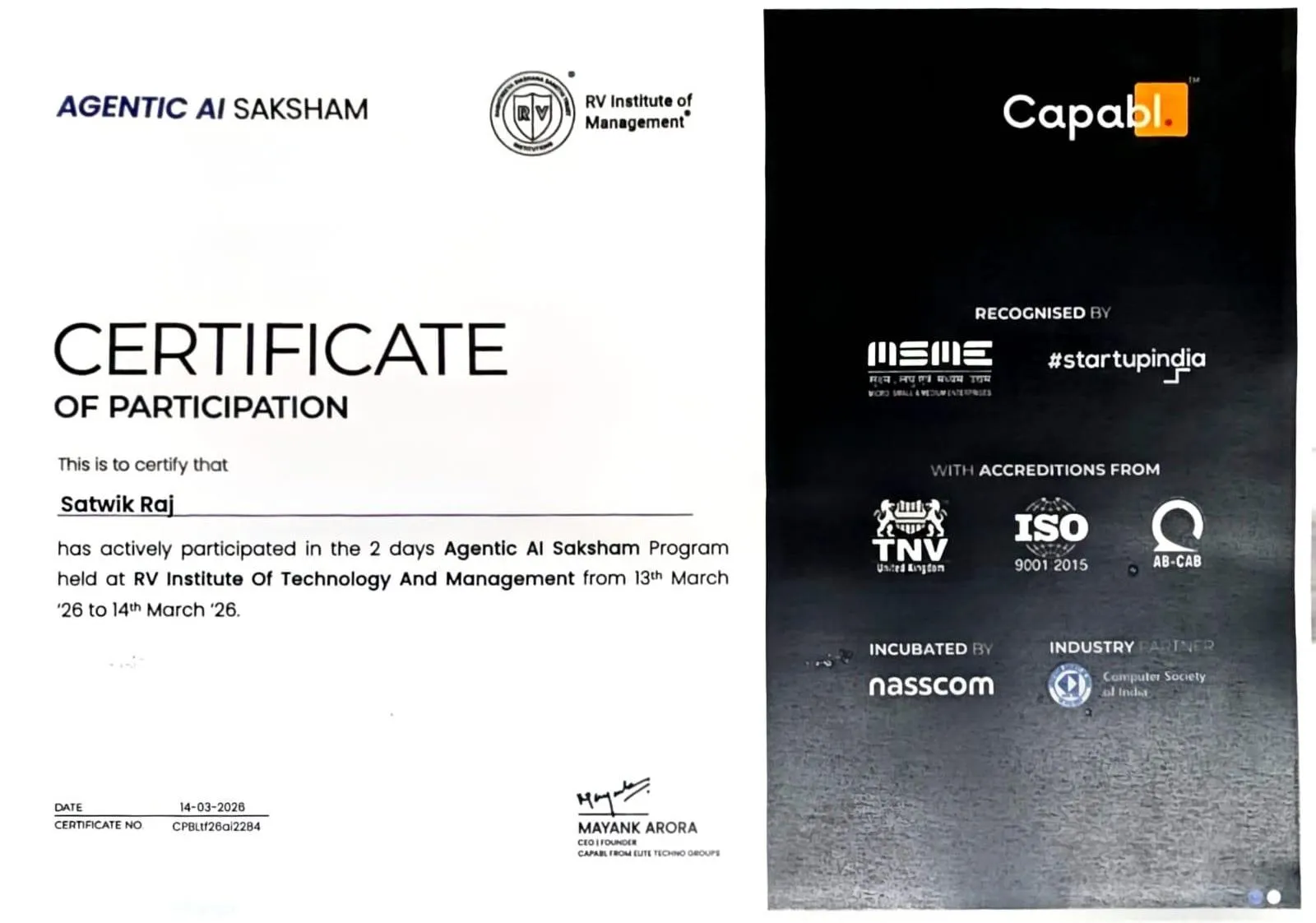 Agentic AI Saksham Certificate issued by CAPABL and RV Institute of Management